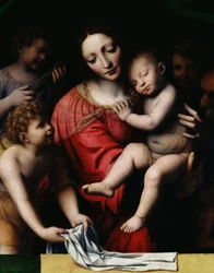 Der schlafende Jesus oder Madonna mit dem schlafenden Kind, begleitet von drei Engeln, 1532